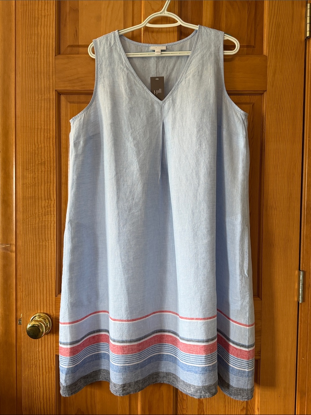 J. Jill Light Blue Midi Dress with Multicolor Hem Stripes